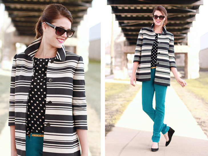What I Wore, @whatiwore, Jessica Quirk, Fashion Blog, Fashion Blogger, Top Fashion Blog, Fashion blog on Tumblr, Style Blog, Style Blogger, How to wear teal pants, How to wear polka dots and stripes together, Yellow belt, What shoes to wear with navy