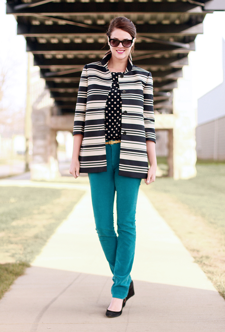 What I Wore, @whatiwore, Jessica Quirk, Fashion Blog, Fashion Blogger, Top Fashion Blog, Fashion blog on Tumblr, Style Blog, Style Blogger, How to wear teal pants, How to wear polka dots and stripes together, Yellow belt, What shoes to wear with navy