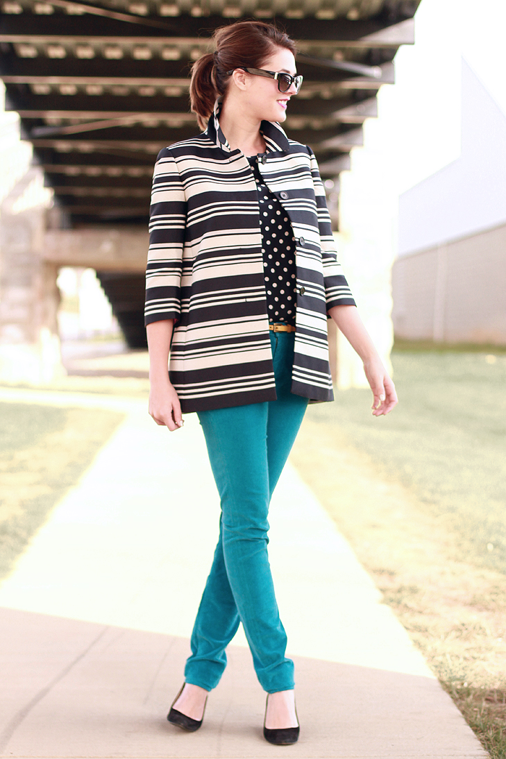 What I Wore, @whatiwore, Jessica Quirk, Fashion Blog, Fashion Blogger, Top Fashion Blog, Fashion blog on Tumblr, Style Blog, Style Blogger, How to wear teal pants, How to wear polka dots and stripes together, Yellow belt, What shoes to wear with navy