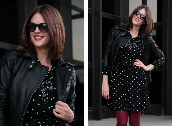 Fashion Blog, Fashion Blogger, How to Wear polka dots, How to wear a moto jacket, @whatiwore, What I Wore, What I Wore blog, What I Wore today, Jessica Quirk, Madewell Polka Dot Dress, Michael Kors Leather Jacket, Zara Booties, We Love Colors Maroon Tights, The Rail Bloomington, Date Night,