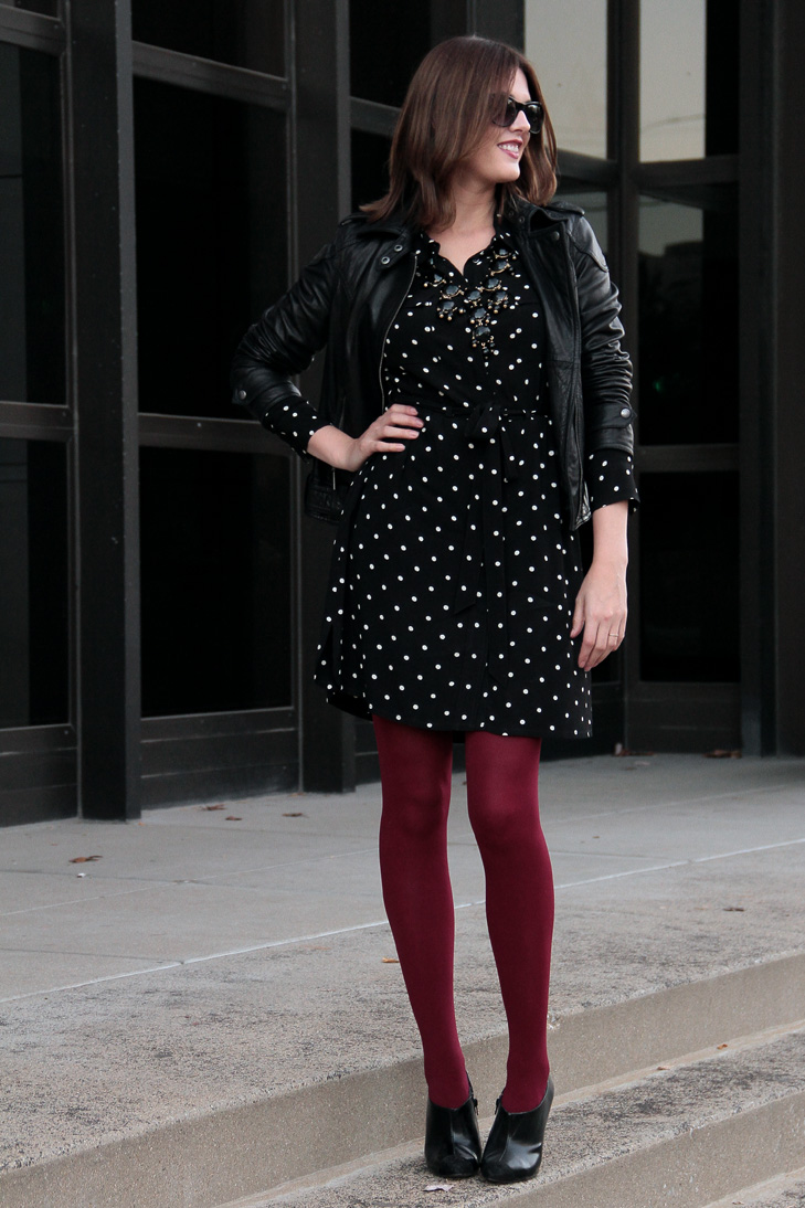 Fashion Blog, Fashion Blogger, How to Wear polka dots, How to wear a moto jacket, @whatiwore, What I Wore, What I Wore blog, What I Wore today, Jessica Quirk, Madewell Polka Dot Dress, Michael Kors Leather Jacket, Zara Booties, We Love Colors Maroon Tights, The Rail Bloomington, Date Night,