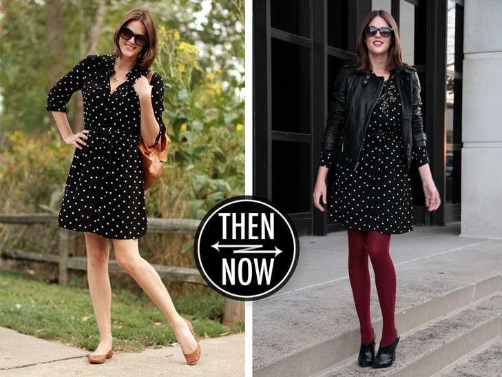 Fashion Blog, Fashion Blogger, How to Wear polka dots, How to wear a moto jacket, @whatiwore, What I Wore, What I Wore blog, What I Wore today, Jessica Quirk, Madewell Polka Dot Dress, Michael Kors Leather Jacket, Zara Booties, We Love Colors Maroon Tights, The Rail Bloomington, Date Night,