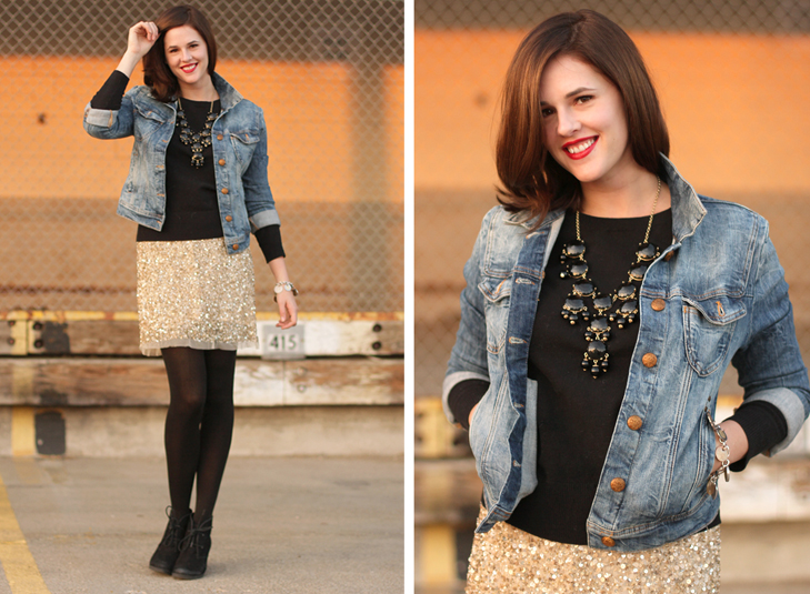 Jessica Quirk, Fashion Blogger, Personal Style Blogger, How to Style Sequins, How to dress up a jean jacket, how to dress up a denim jacket, J.Crew bubble necklace, NARS red lizard, What I Wore Jessica