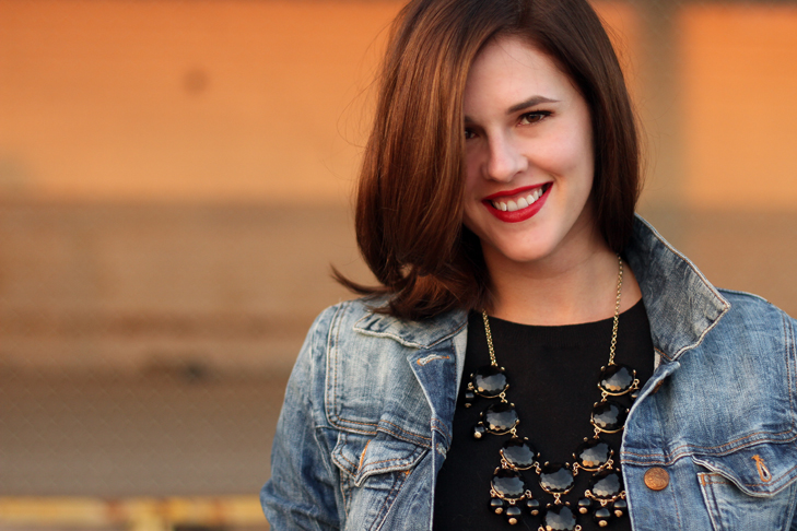 Jessica Quirk, Fashion Blogger, Personal Style Blogger, How to Style Sequins, How to dress up a jean jacket, how to dress up a denim jacket, J.Crew bubble necklace, NARS red lizard, What I Wore Jessica