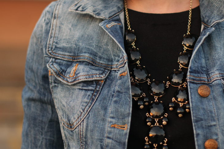 Jessica Quirk, Fashion Blogger, Personal Style Blogger, How to Style Sequins, How to dress up a jean jacket, how to dress up a denim jacket, J.Crew bubble necklace, NARS red lizard, What I Wore Jessica