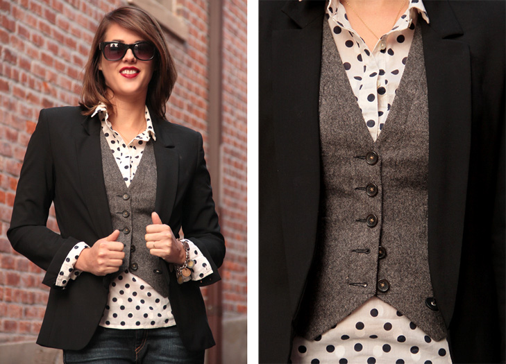 How to wear a tweed vest, Fashion Blog, Fashion Blogger, Jessica Quirk, What I Wore, @whatiwore, Style Blogger, Style Blog, Polka Dot, J.Crew, Black Blazer, Theyskens' Theory, Investment blazer, Jeans, rag and Bone skinny jeans, Best black shoes, Red Lipstick, how to wear red lips for daytime, fashion blog on tumblr, canvas lands' end, canvas arrivals