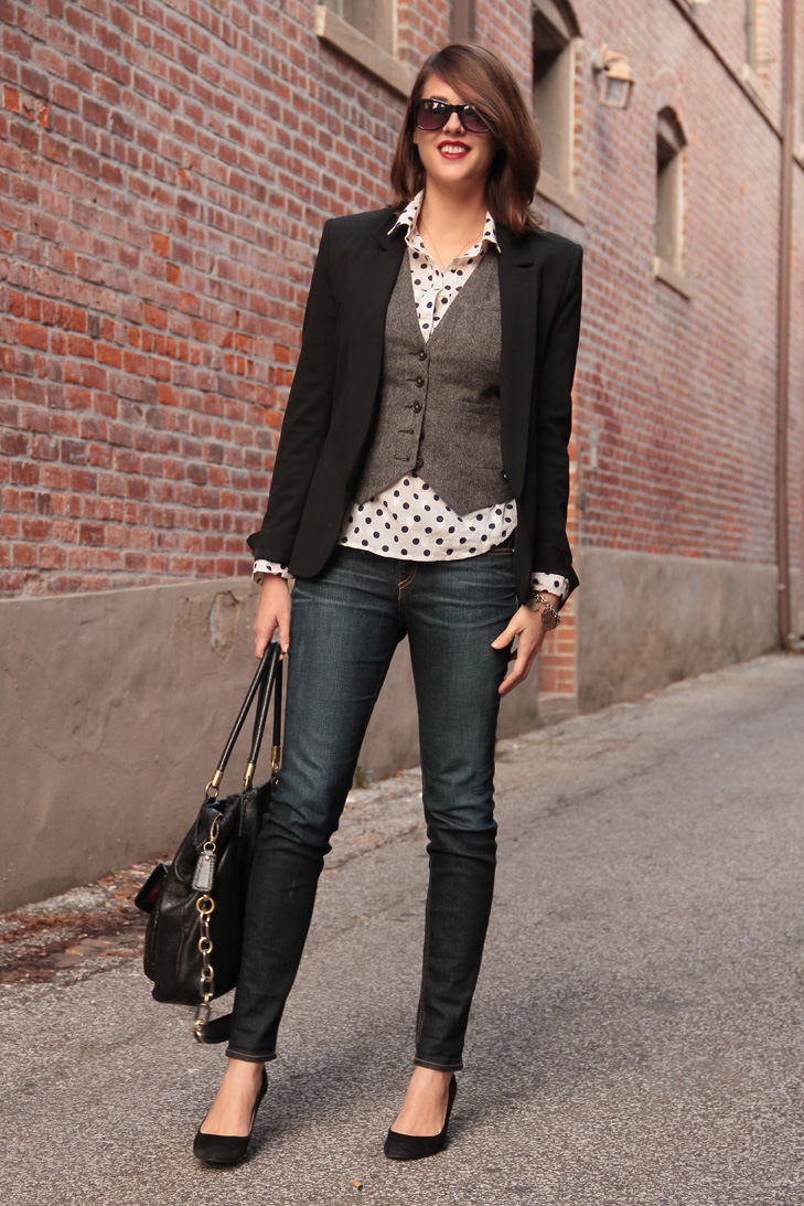 How to wear a tweed vest, Fashion Blog, Fashion Blogger, Jessica Quirk, What I Wore, @whatiwore, Style Blogger, Style Blog, Polka Dot, J.Crew, Black Blazer, Theyskens' Theory, Investment blazer, Jeans, rag and Bone skinny jeans, Best black shoes, Red Lipstick, how to wear red lips for daytime, fashion blog on tumblr, canvas lands' end, canvas arrivals