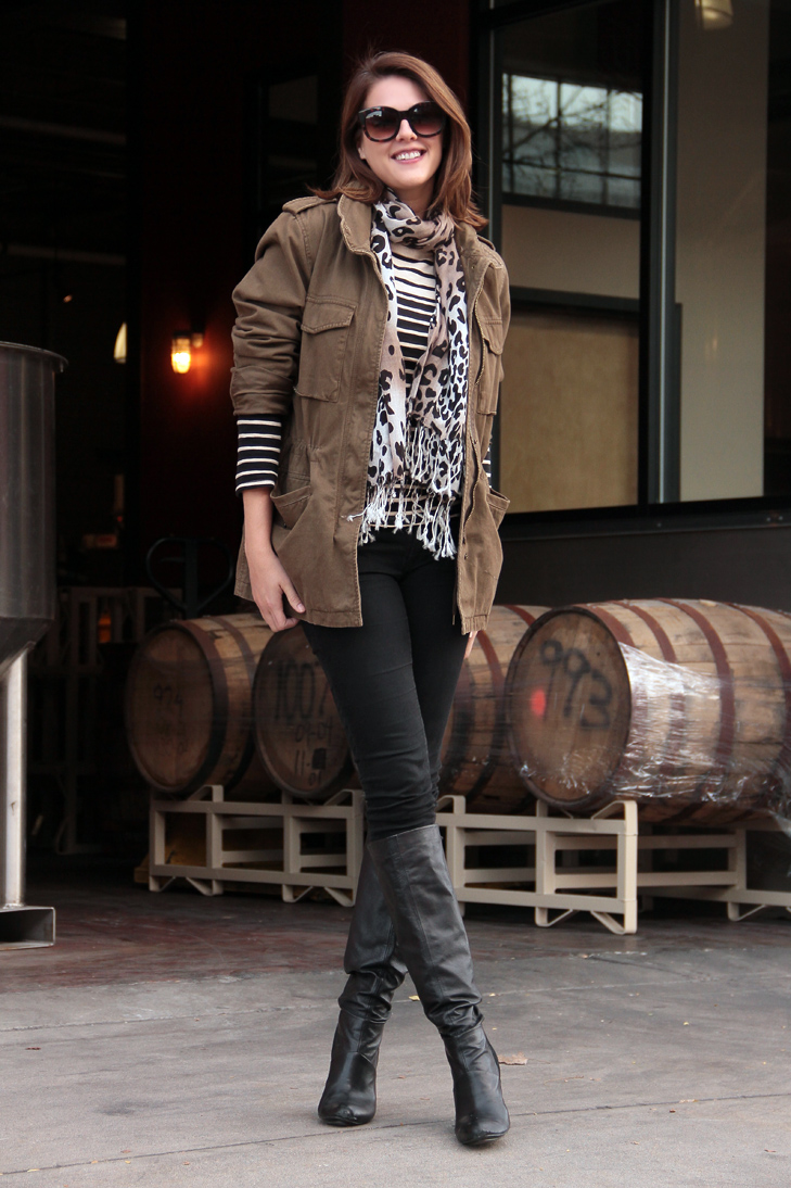Fashion Blog, Fashion Blogger, Jessica Quirk, What I Wore, Army Jacket, How to mix leopard and stripe, What to wear to a brewery, @whatiwore, Style Blogger, Olive, Stripe, Leopard, Black, Great Divide Brewing Company, Denver, Colorado