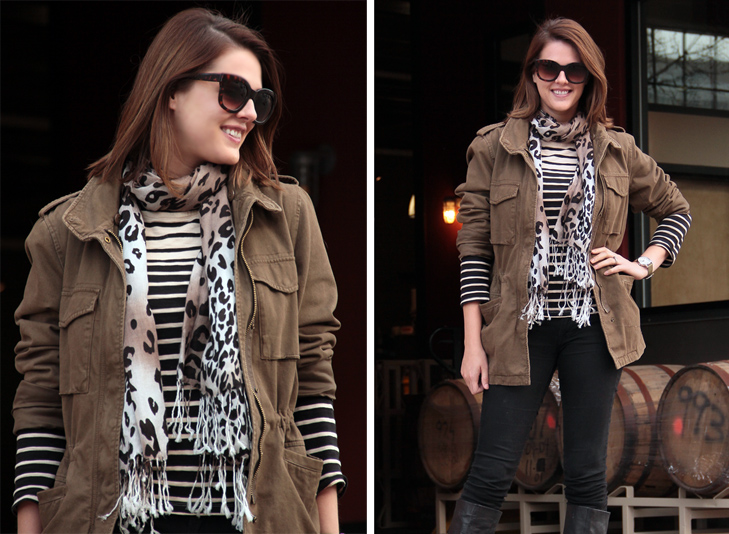 Fashion Blog, Fashion Blogger, Jessica Quirk, What I Wore, Army Jacket, How to mix leopard and stripe, What to wear to a brewery, @whatiwore, Style Blogger, Olive, Stripe, Leopard, Black, Great Divide Brewing Company, Denver, Colorado