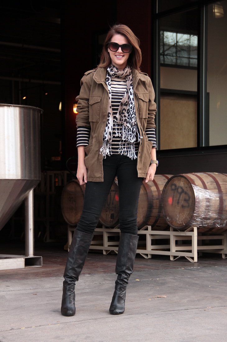 Fashion Blog, Fashion Blogger, Jessica Quirk, What I Wore, Army Jacket, How to mix leopard and stripe, What to wear to a brewery, @whatiwore, Style Blogger, Olive, Stripe, Leopard, Black, Great Divide Brewing Company, Denver, Colorado