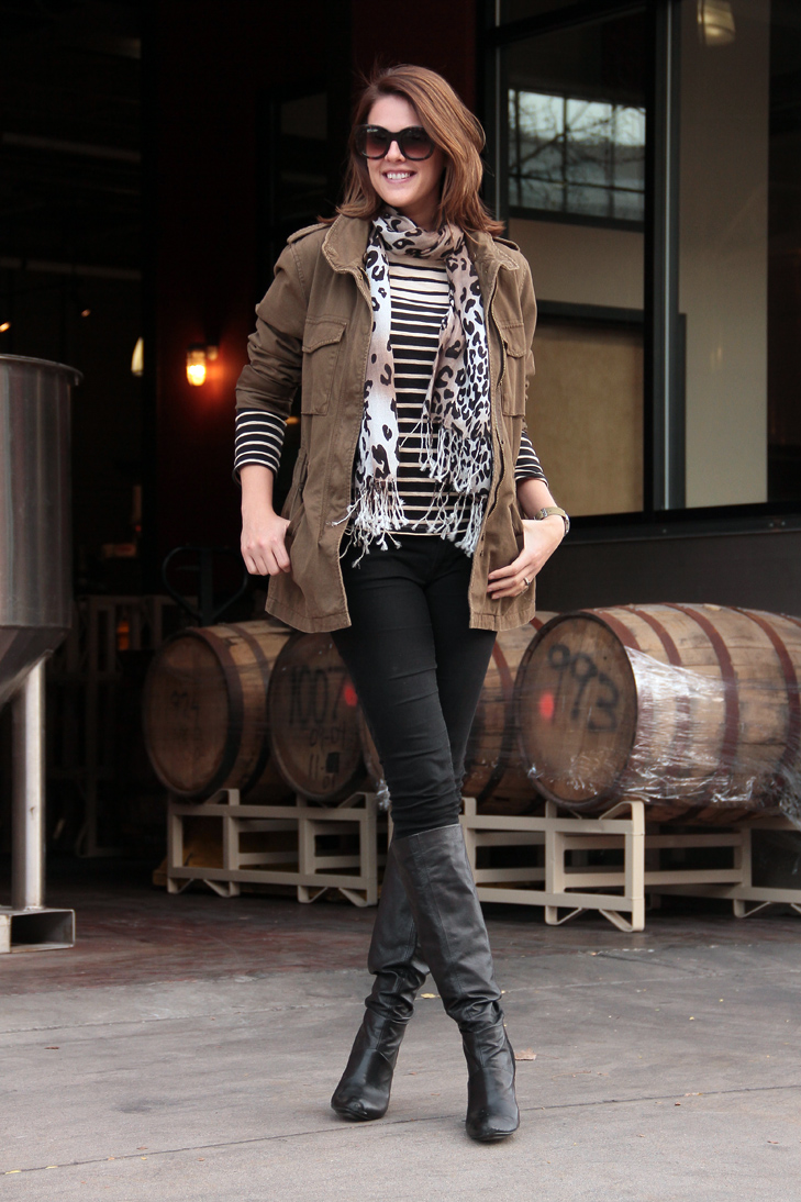 Fashion Blog, Fashion Blogger, Jessica Quirk, What I Wore, Army Jacket, How to mix leopard and stripe, What to wear to a brewery, @whatiwore, Style Blogger, Olive, Stripe, Leopard, Black, Great Divide Brewing Company, Denver, Colorado