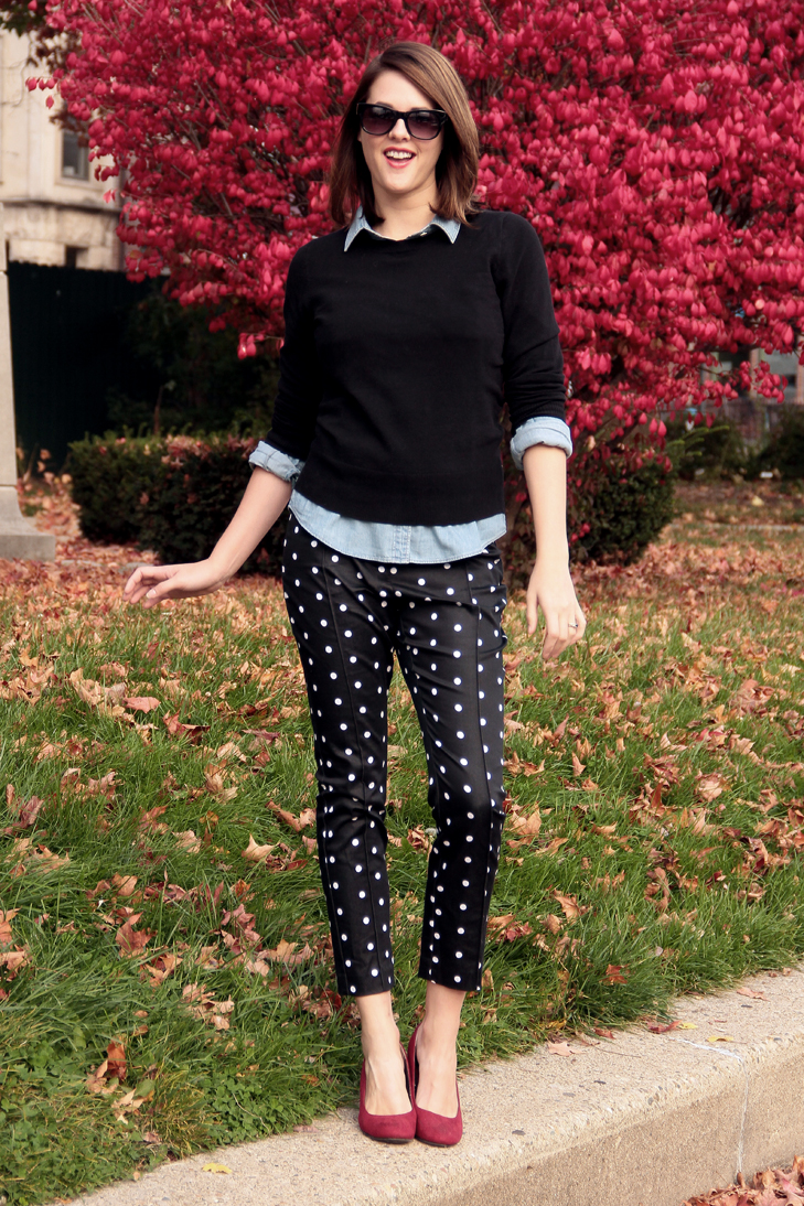 Jessica Quirk, What I Wore, Fashion Blog, Fashion Blogger, Personal Style Blog, Style Blogger, What I Wore Today, Outfit Ideas, Real World Style, Chambray, Black Sweater, Polka Dot Pants, How to wear Polka Dots, red Shoes, Bloomington Indiana,