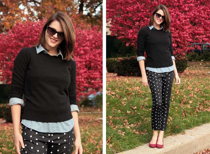Jessica Quirk, What I Wore, Fashion Blog, Fashion Blogger, Personal Style Blog, Style Blogger, What I Wore Today, Outfit Ideas, Real World Style, Chambray, Black Sweater, Polka Dot Pants, How to wear Polka Dots, red Shoes, Bloomington Indiana,