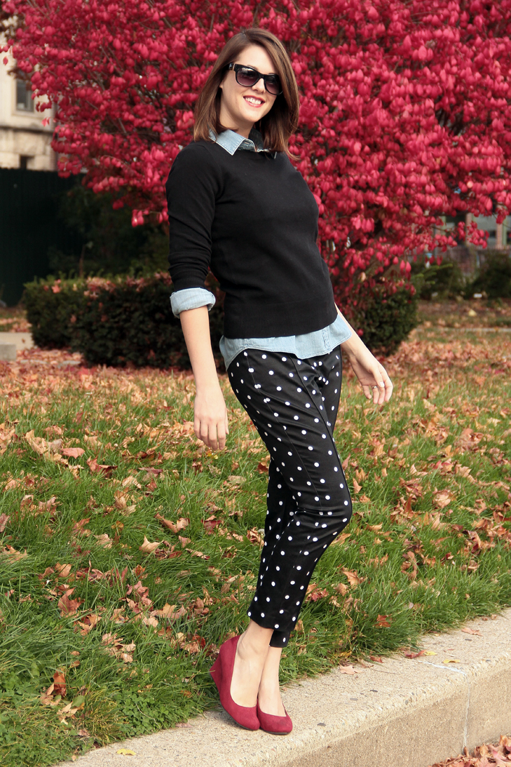 Jessica Quirk, What I Wore, Fashion Blog, Fashion Blogger, Personal Style Blog, Style Blogger, What I Wore Today, Outfit Ideas, Real World Style, Chambray, Black Sweater, Polka Dot Pants, How to wear Polka Dots, red Shoes, Bloomington Indiana,