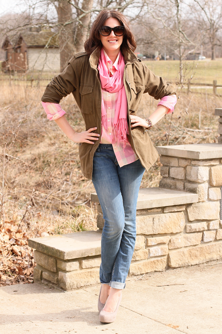 Large gingham, j.crew pink shirt, how to wear bright pink, springy winter outfits