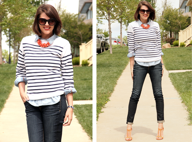 Chambray, Orange accessories, Breton Stripe, St. James, Rag and Bone Jeans, Payless Shoes, Lela Rose for Payless, Jessica Quirk, Outfit Blog, Style Blog,