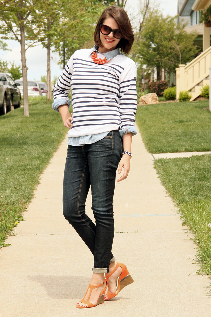 Chambray, Orange accessories, Breton Stripe, St. James, Rag and Bone Jeans, Payless Shoes, Lela Rose for Payless, Jessica Quirk, Outfit Blog, Style Blog,