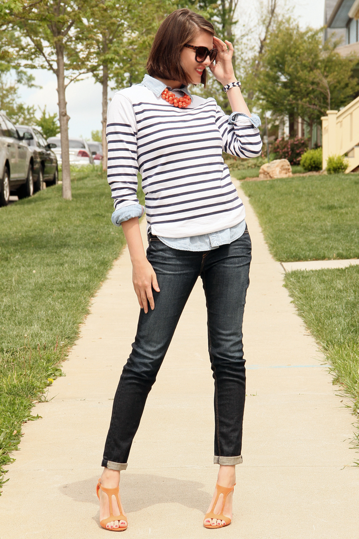 Chambray, Orange accessories, Breton Stripe, St. James, Rag and Bone Jeans, Payless Shoes, Lela Rose for Payless, Jessica Quirk, Outfit Blog, Style Blog,