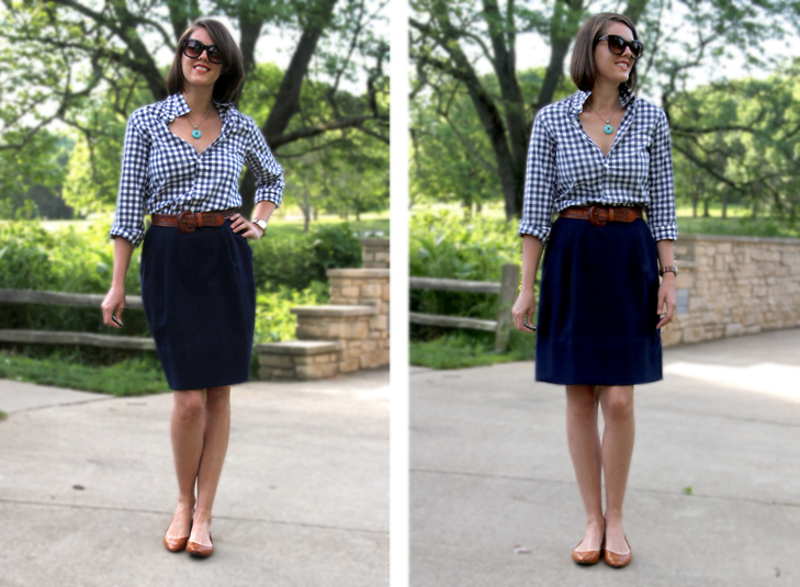 J. Crew Mens Gingham Shirt, Navy Pencil Skirt, Madewell Flats, Jessica Quirk, What I Wore, WIWT, OOTD, style blog, outfit blog,