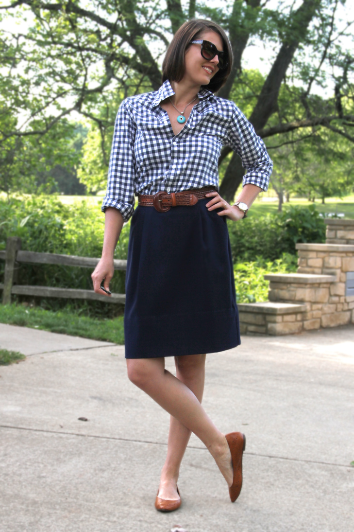 J. Crew Mens Gingham Shirt, Navy Pencil Skirt, Madewell Flats, Jessica Quirk, What I Wore, WIWT, OOTD, style blog, outfit blog,