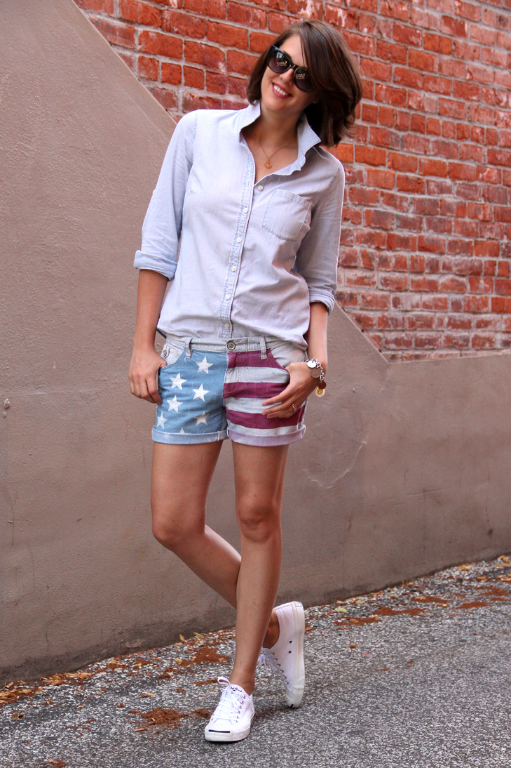 American Flag Shorts, Chambray, Jack Purcells, Converse, Coin Charm Bracelet, Americana, All American, Jessica Quirk, What i Wore, style blog, outfit blog, fashion blog, DIY