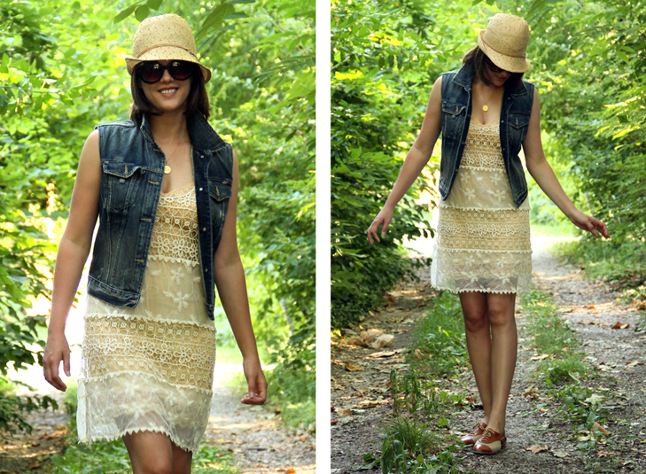How to wear a denim vest, Denim Vest, Lace Dress, Straw Hat, Brogues, Jessica Quirk, What I Wore, Daily Outfit