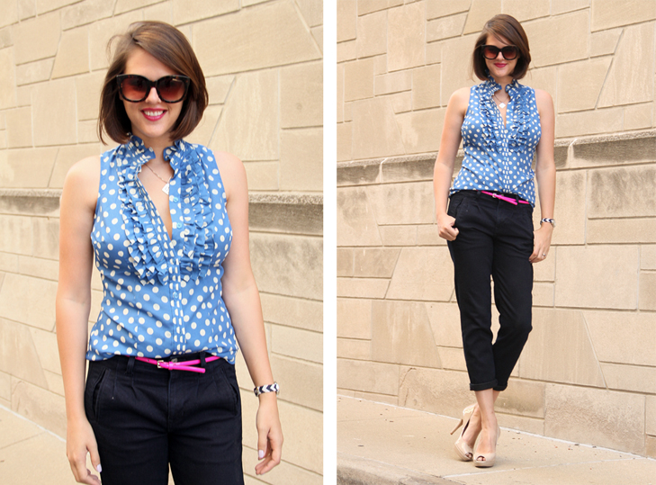 What I Wore, What I Wore Blog, Jessica Quirk, How to wear polka dots, pink neon belt, Q Scrabble Necklace, NARS Funny Face, Nude Heels