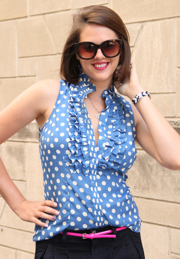 What I Wore, What I Wore Blog, Jessica Quirk, How to wear polka dots, pink neon belt, Q Scrabble Necklace, NARS Funny Face, Nude Heels