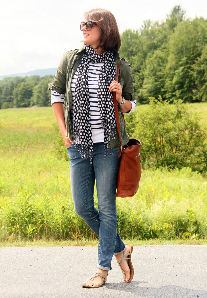 Jessica Quirk, What I Wore, What I Wore in Vermont, Travel Outfit, Stripe Tee Shirt, St. James, Tory Burch Jeans, Army Green Jacket, Style Blog, Outfit Blog
