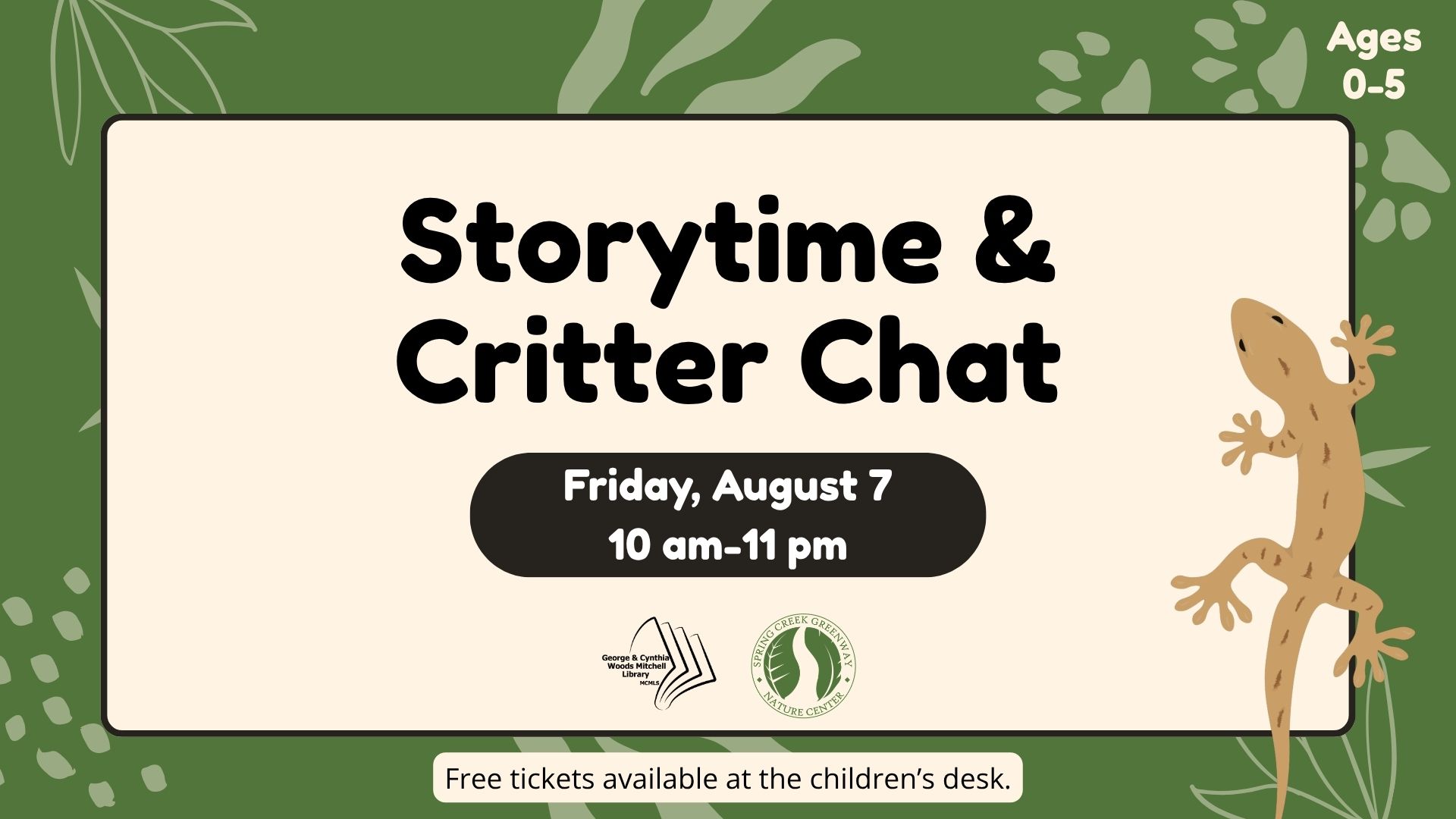 Mitchell Library: Storytime & Critter Chat flyer
