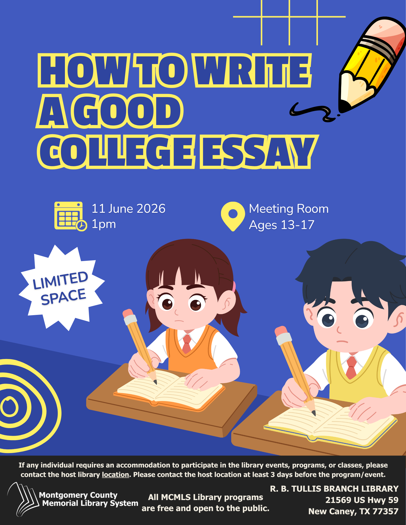 Tullis Library: Writing a Good College Essay flyer