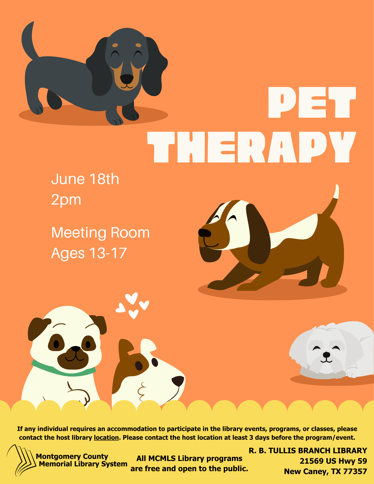 Tullis Library: Pet Therapy flyer