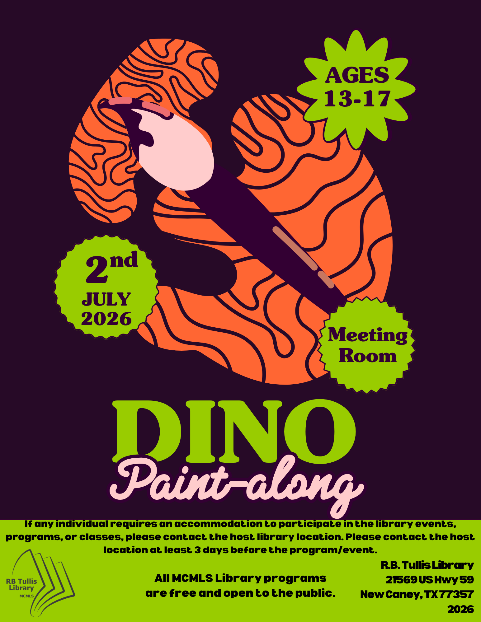 Tullis Library: Dino Paint-along flyer