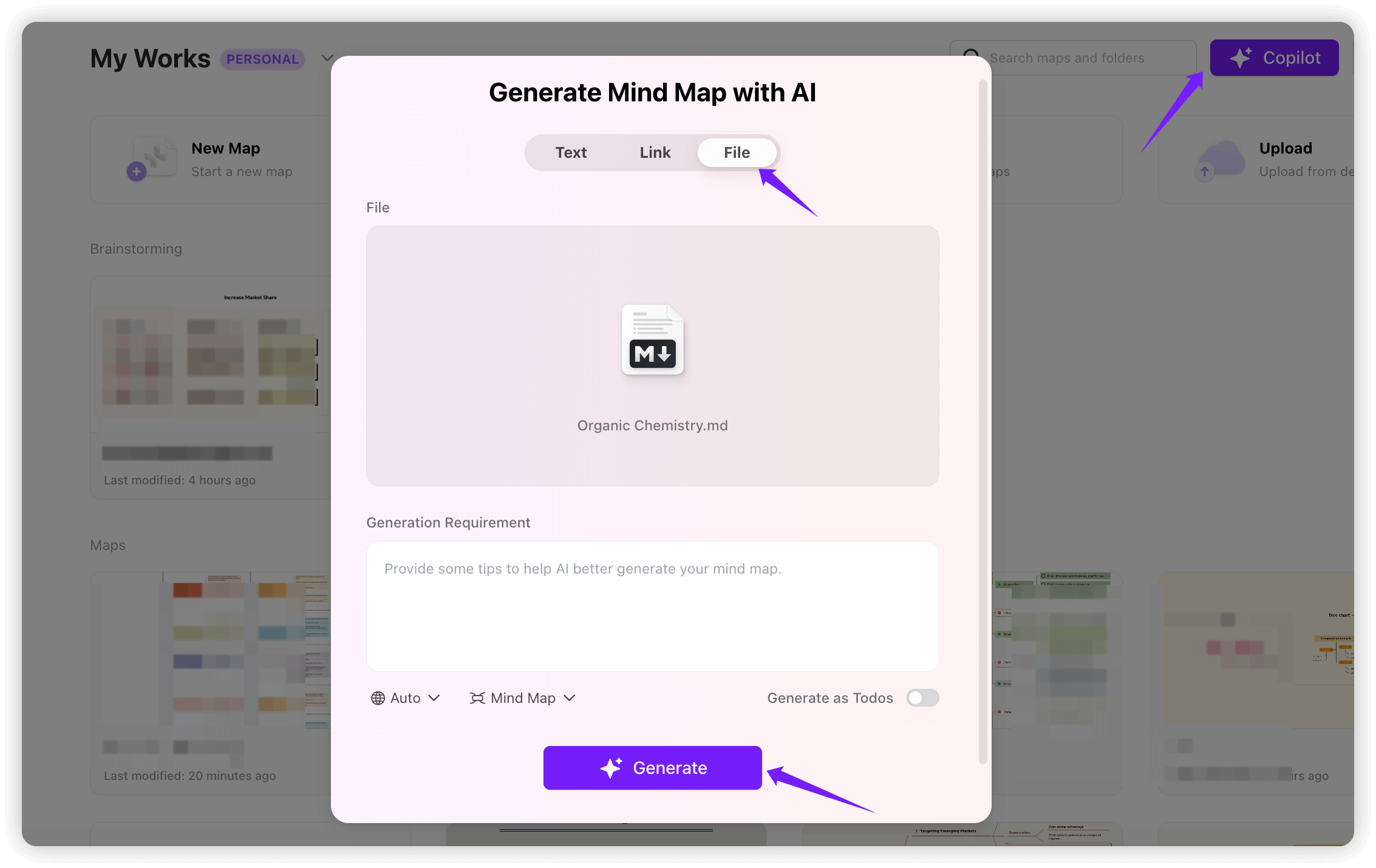 AI Copilot in Xmind AI: instantly transform text, files and webpages into clear mind maps.