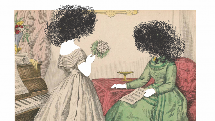 a digital print, two girls in dresses looking at each other on a white background