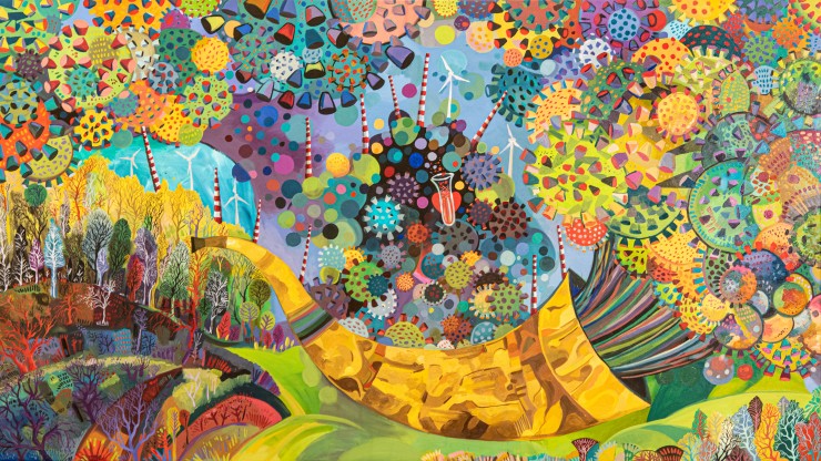 A very colorful painting, oil on canvas, portraying a COVID virus against an envrionmental background