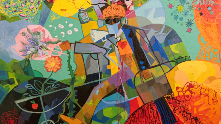 A man in a mask walks across a very colorful background, a painting oil on canvas