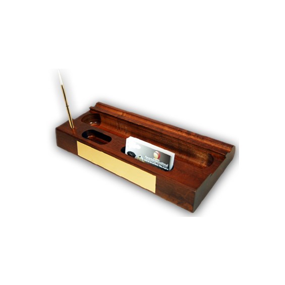 Wood Desk Business Card Holder and Pen Set Awards International