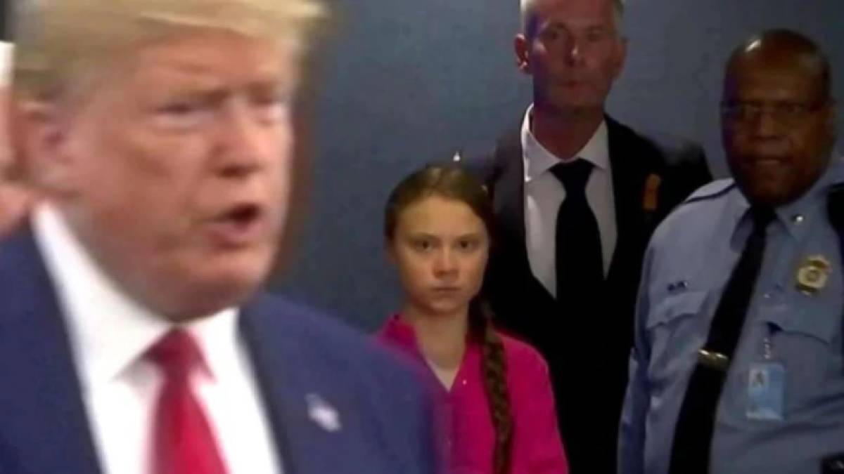 Greta Thunberg staring at Donald Trump