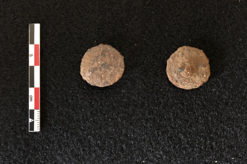 A composite image of the front and back of the copper alloy shank button, with scale.