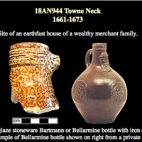 Bellarmine Bottle from Towne Neck. It is hypothesized that the sherd we excavated came from a Bellarmine bottle such as this.
