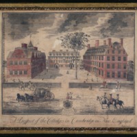 1726 view of Harvard. From left to right: Harvard Hall, Stoughton Hall, Massachusetts Hall (Deák 1988, 49). Believed to be “earliest authentic view of the College” (Bail 1949, 17).