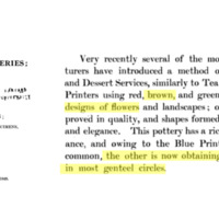 Excerpt from "History of the Staffordshire Potteries." This excerpt from historian Simeon Shaw’s 1829 book shows how owning brown transferware might have signaled the high socioeconomic status of the Harvard student who owned it.