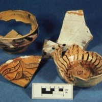 North Devon sgraffito and Staffordshire combed and marbled ware sherds from Hampton, Virginia. The sherd we found may’ve been part of an object like one of these.