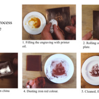 Photos showing the recreation of bat printing. The bat printing process transfers images onto ceramics using oil, a bat, and powdered enamels that are fired into place. This process was established by 1805.