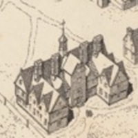 This conjectural image of the Old College provides insight into how the diamond pane windows that these glass fragments were likely from may have appeared within the larger Old College building.