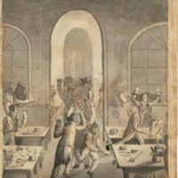 Food fight in Commons Hall in 1819. The food fight started because of the economic struggle of students. Students thought they were overpaying for such meager food and drink in Harvard’s dining halls.
