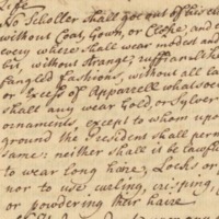 Excerpt of the College’s laws from 1655 regulating that students “shall [not] wear lavish dress or excess of apparel whatsoever, Nor shall any wear gold, or sylver or such ornaments.”
