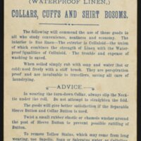 Back of a Trade Card for Celluloid Collars