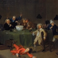 A painting of gentlemen surrounding a table-clothed table with a blue patterned punchbowl. The clear positioning of the bowl reflects its significance as an indicator of social standing.